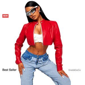 Cropped Faux Leather Bomber Jacket Y2K Motorcycle Style Slim Fit Windproof